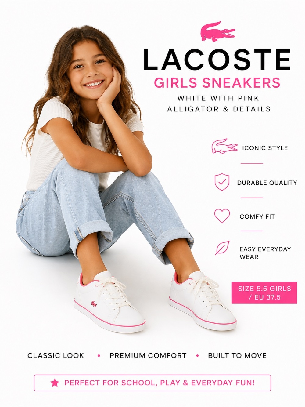 Lacoste Girls White & Pink alligator Sneakers Size 5.5 EU 37.5 Preppy Tenniscore